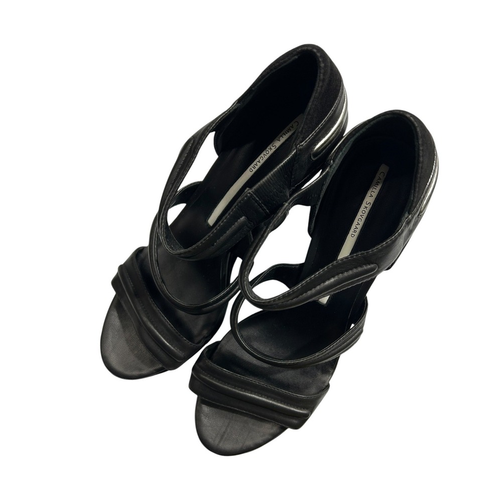 Camilla Skovgaard Black Leather Suede Architectural Wedge Sandals Size‎ 41 club